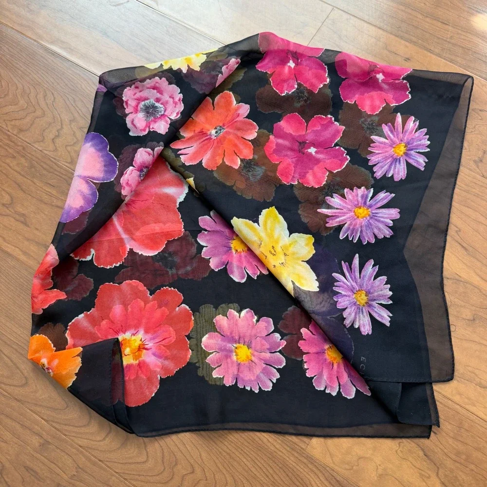 Vintage Floral Square Scarf Black Sheer Purple Yellow Orange Daisy Silk Echo